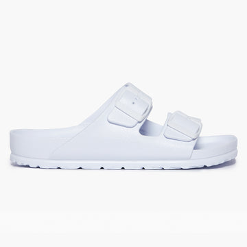 A white sandal with adjustable buckles, made for water use, positioned against a white background.